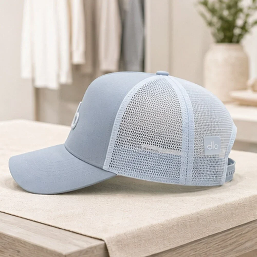 ALO Yoga Mist Blue Gray Athleisure Mesh Trucker Cap Hat Logo